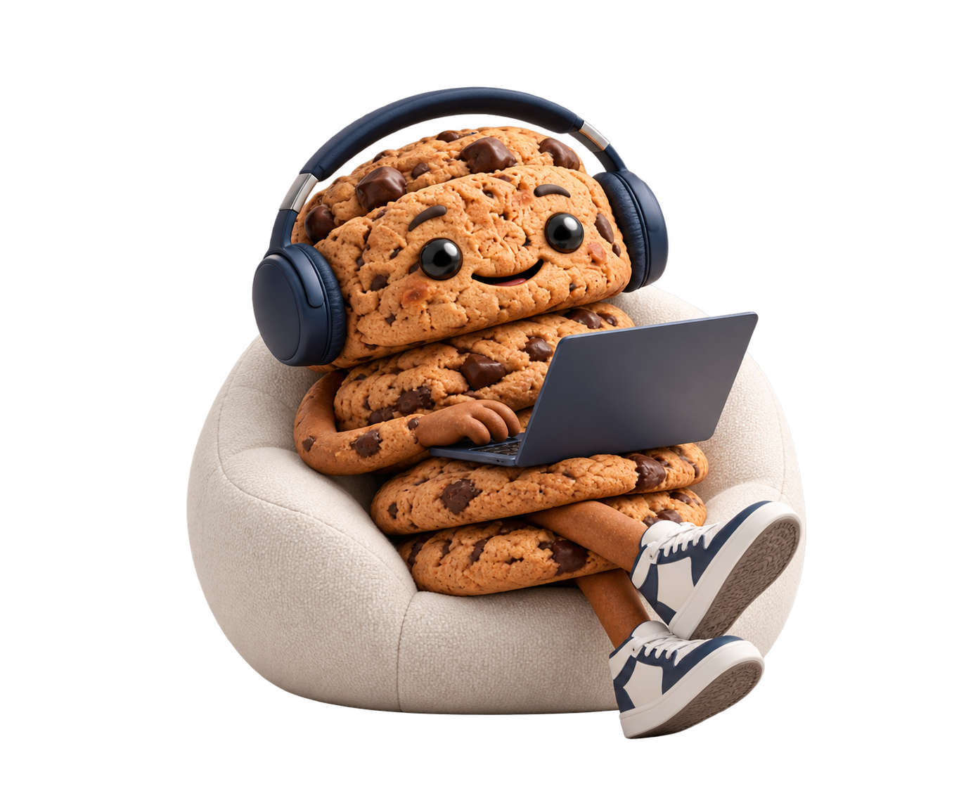 Stack Cookies character working on a laptop